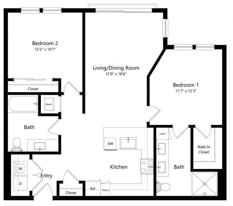 Two Bedroom Floor Plan with 1,060 Sq. Ft. at Aurora Luxury Apartments in Downtown Tampa FL