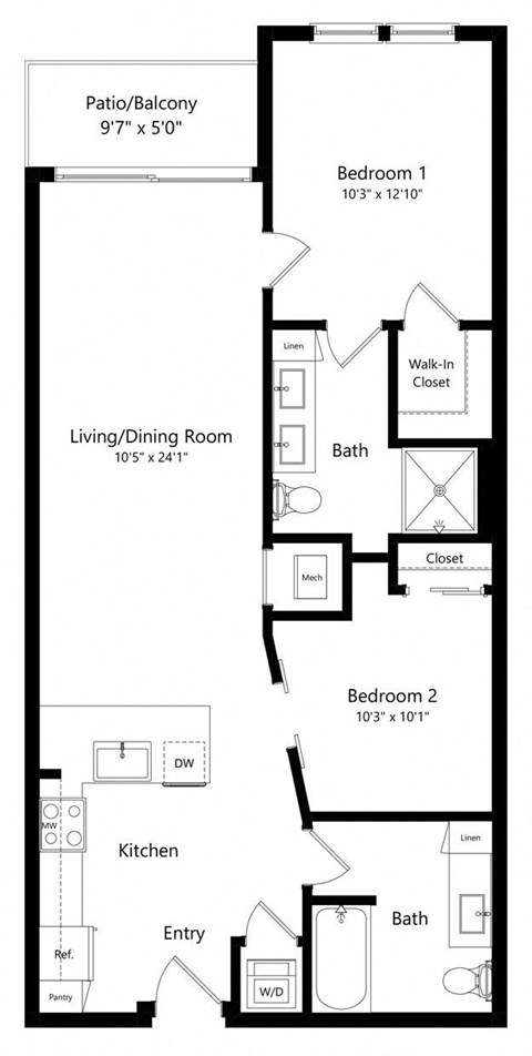Two Bedroom Floor Plan with 998 Sq. Ft.  at Aurora, Tampa, FL