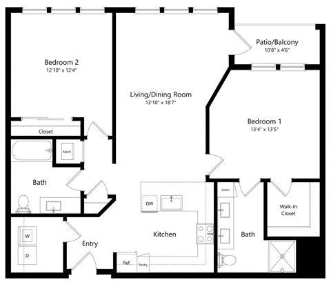 Two Bedroom Floor Plan with 1,262 Sq. Ft. at Aurora Luxury Apartments in Downtown Tampa FL