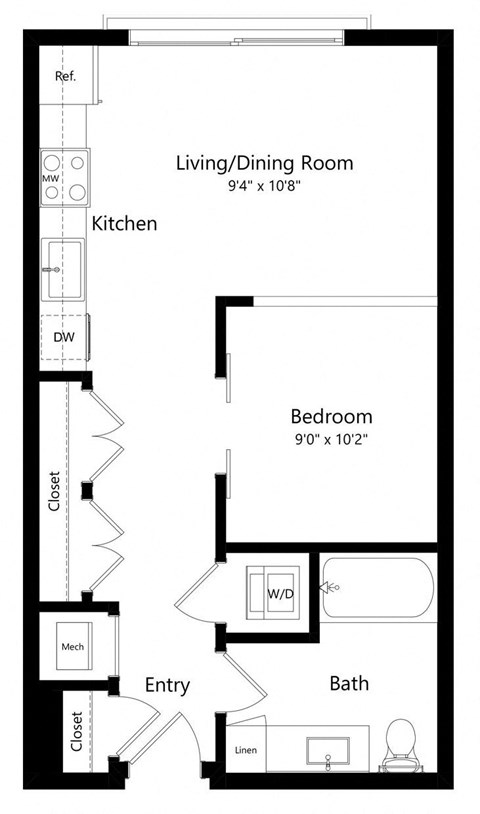Studio Floor Plan with 577 Sq. Ft. at Aurora Luxury Apartments in Downtown Tampa FL