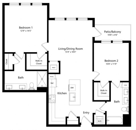 Two Bedroom Floor Plan with 1,183 Sq. Ft. at Aurora Luxury Apartments in Downtown Tampa FL