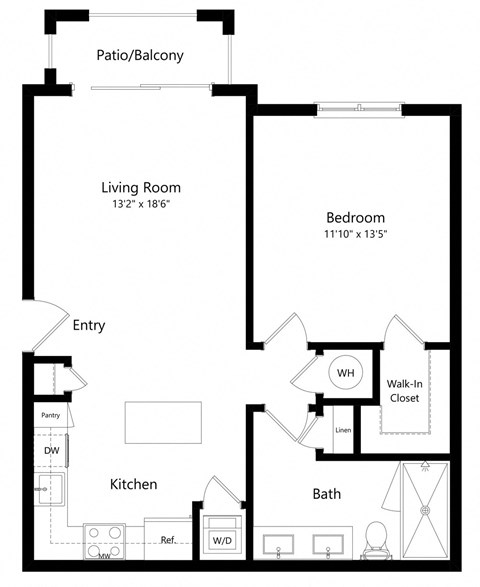 One Bedroom Floor Plan with 798 Sq. Ft. at Azura Luxury Apartments in Kendall FL