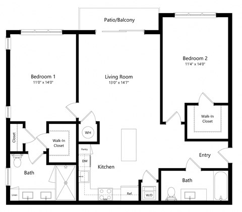 Two Bedroom Floor Plan with 1,112 Sq. Ft. at Azura Luxury Apartments in Kendall FL