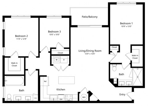 Three Bedroom Floor Plan with 1,358 Sq. Ft. at Azura Luxury Apartments in Kendall FL