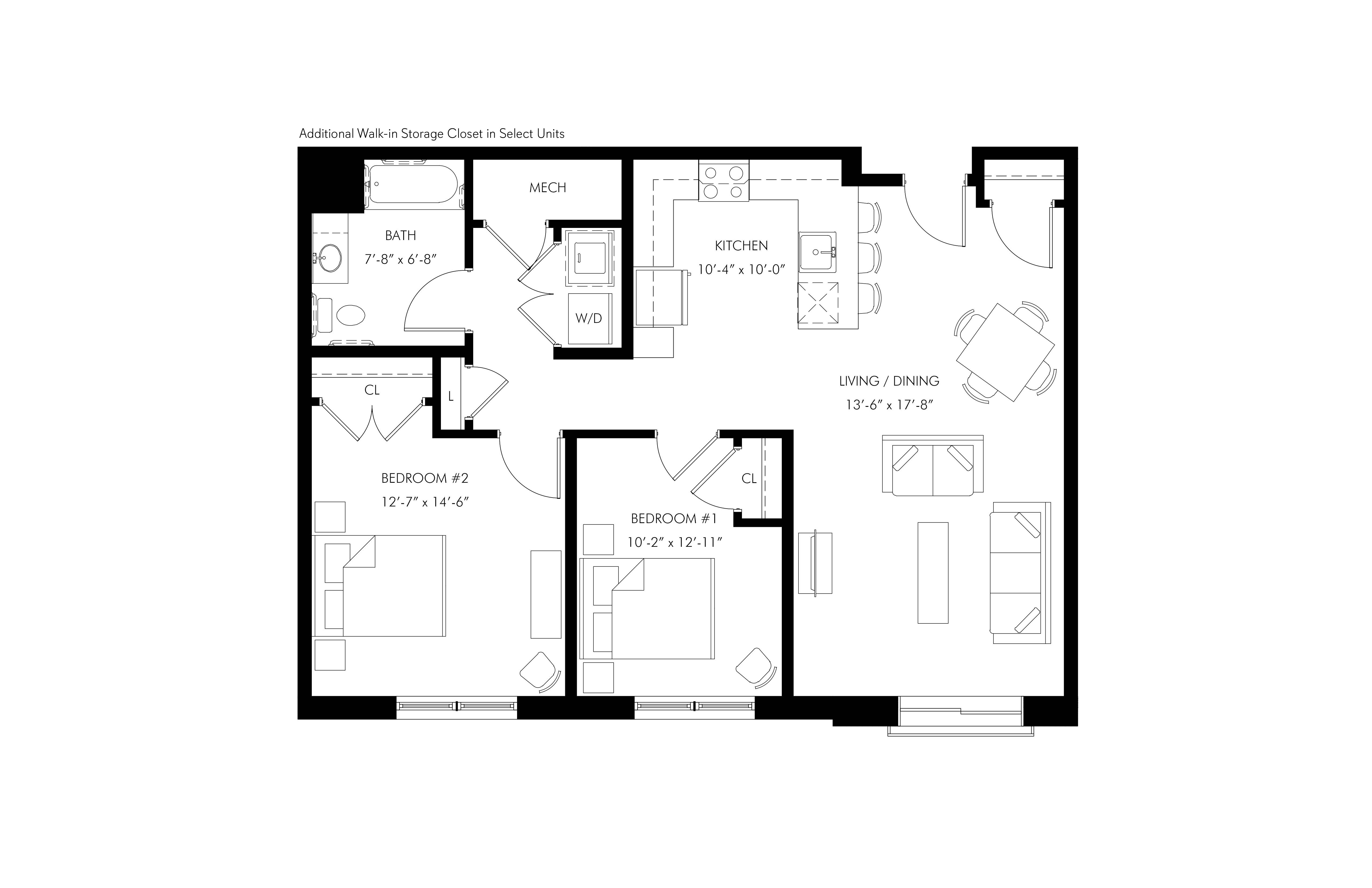 A floor plan of a house with a kitchen, living room, and two bedrooms.