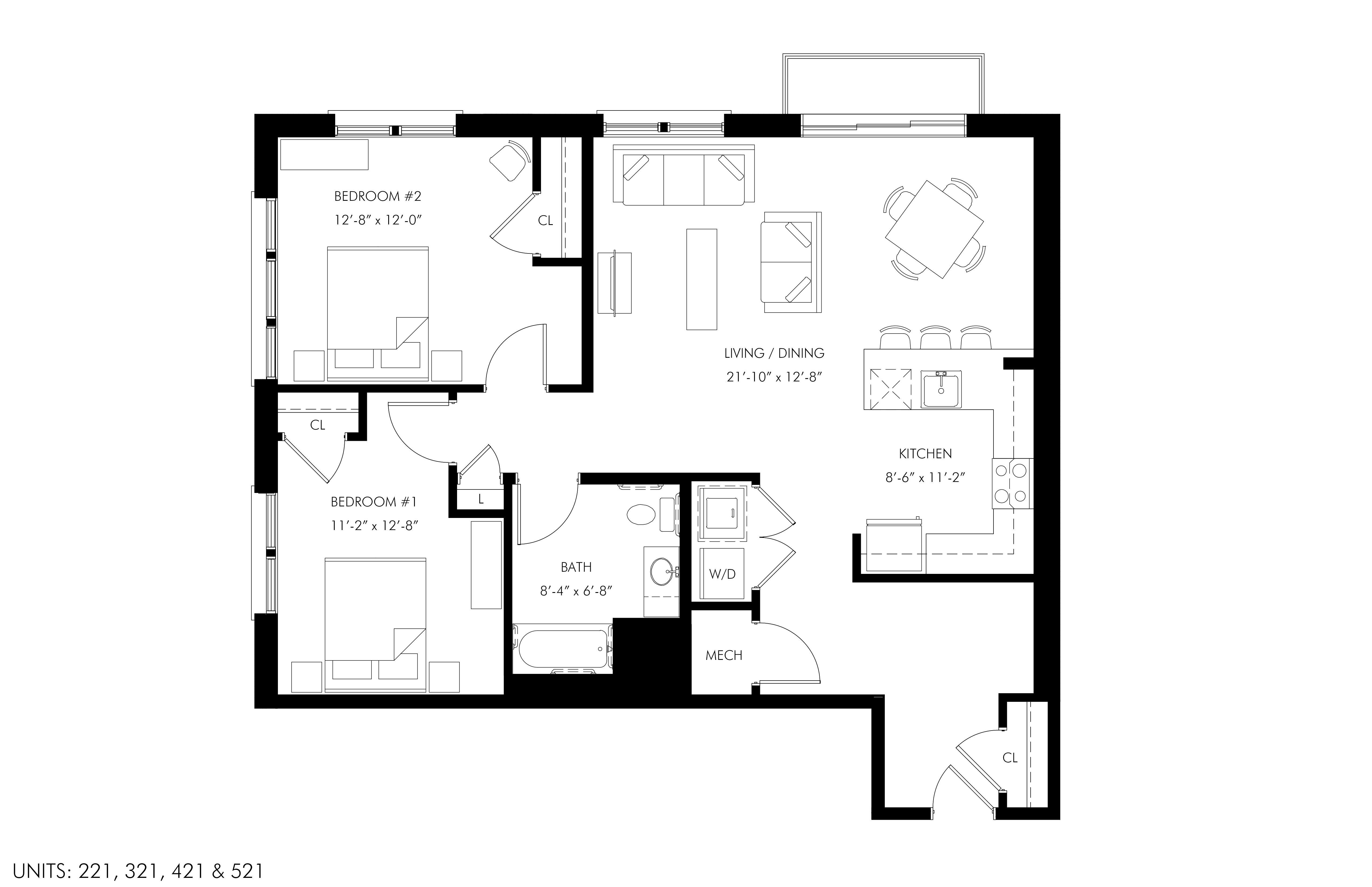 A black and white image of a floor plan for a home with two bedrooms, a living room, a kitchen, a bathroom, a workspace, and a mudroom.