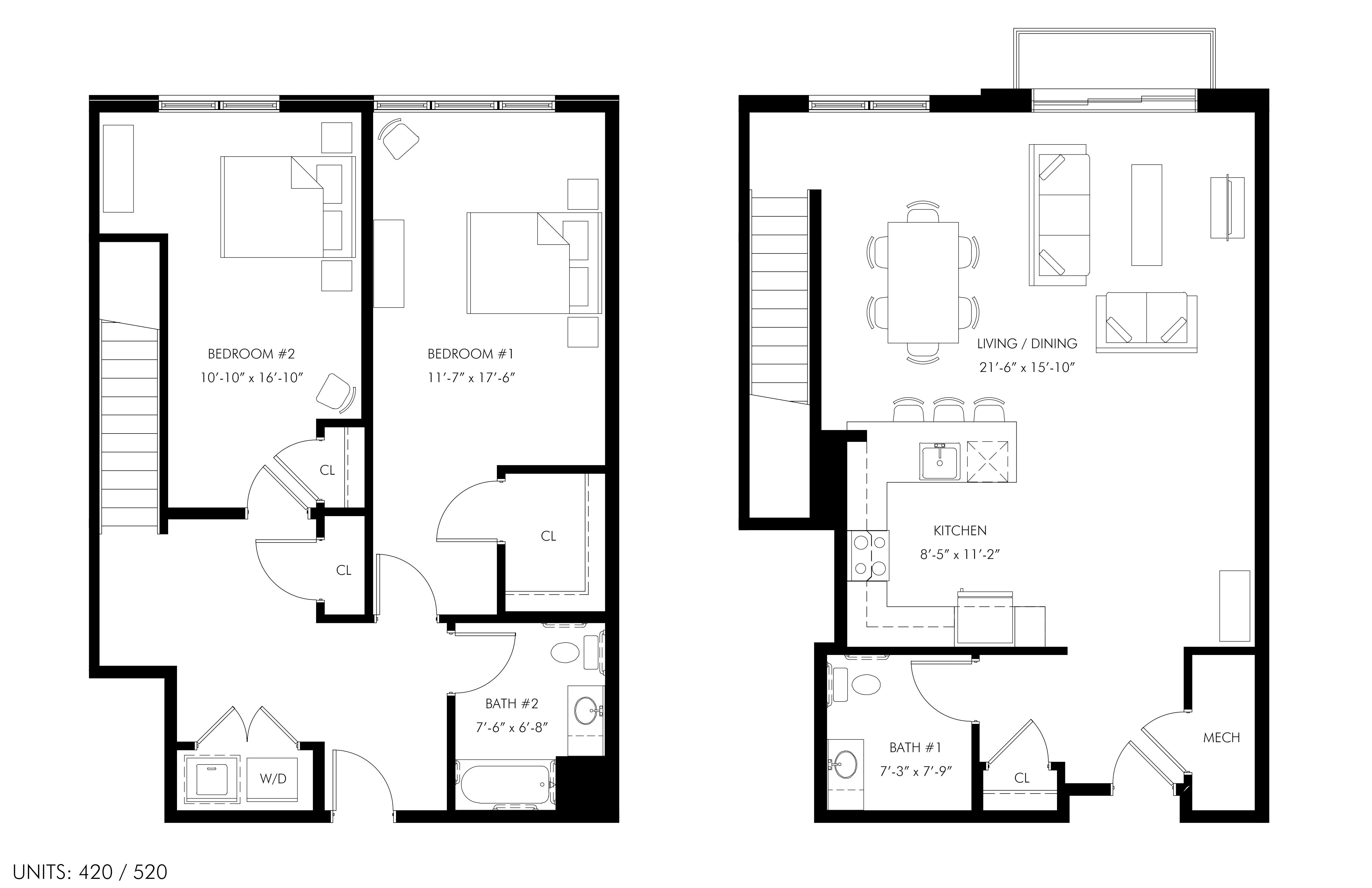 A black and white image of two floor plans for a property with a total of 420 square feet.