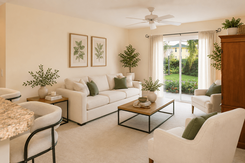A living room with a white couch, a coffee table, and a ceiling fan.