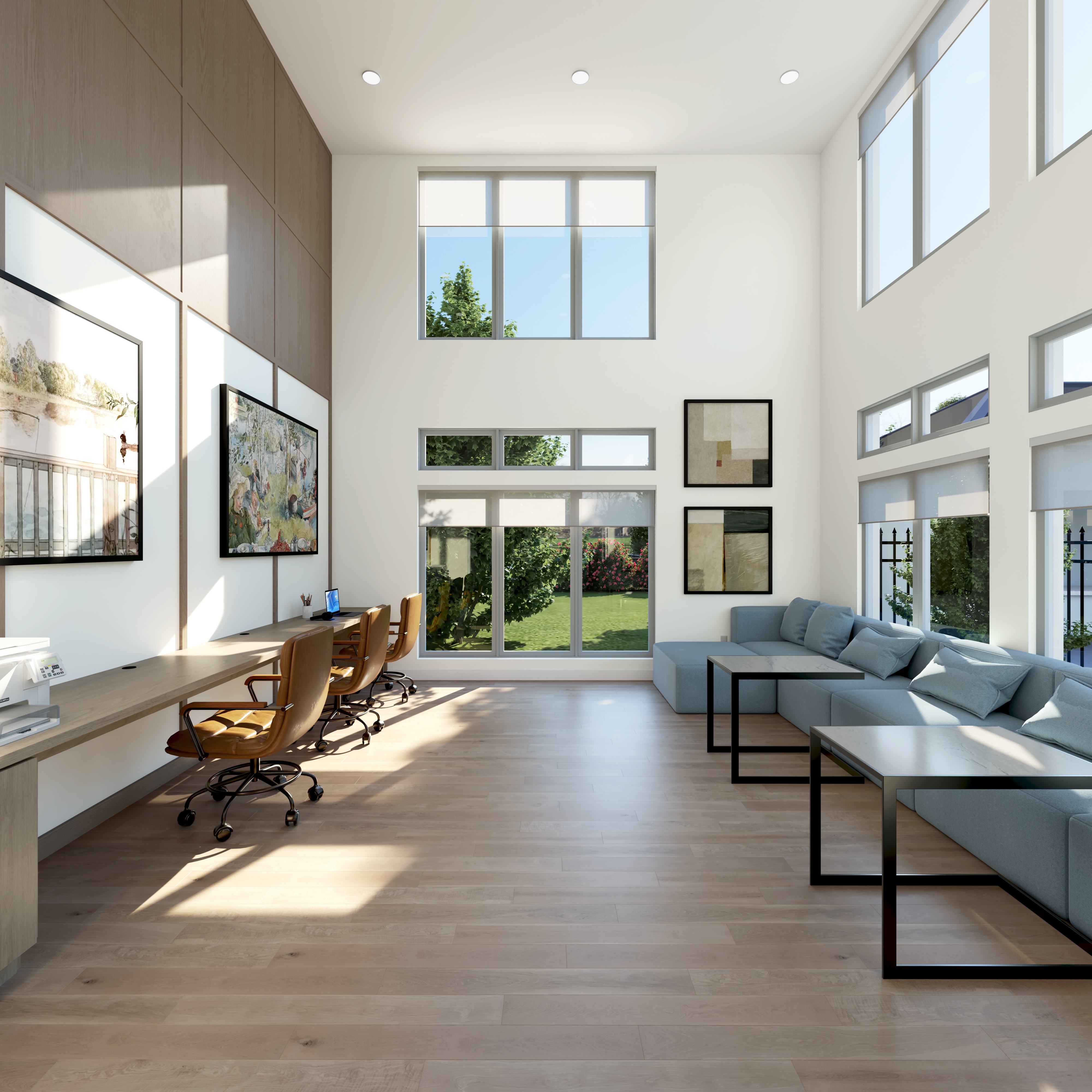 A modern living room with a long wooden table and chairs.
