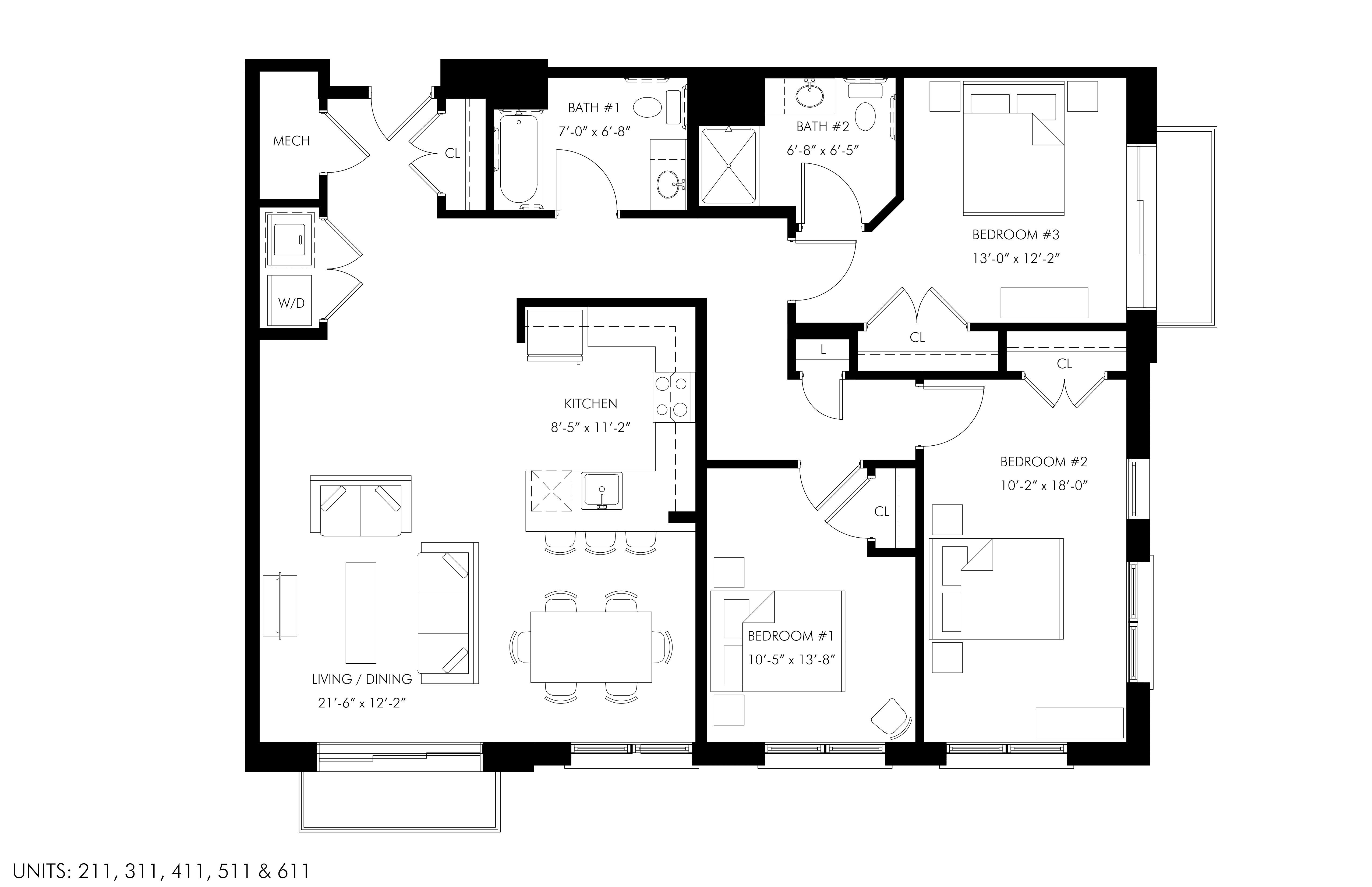 A black and white image of a floor plan for a house with three bedrooms and a living area.
