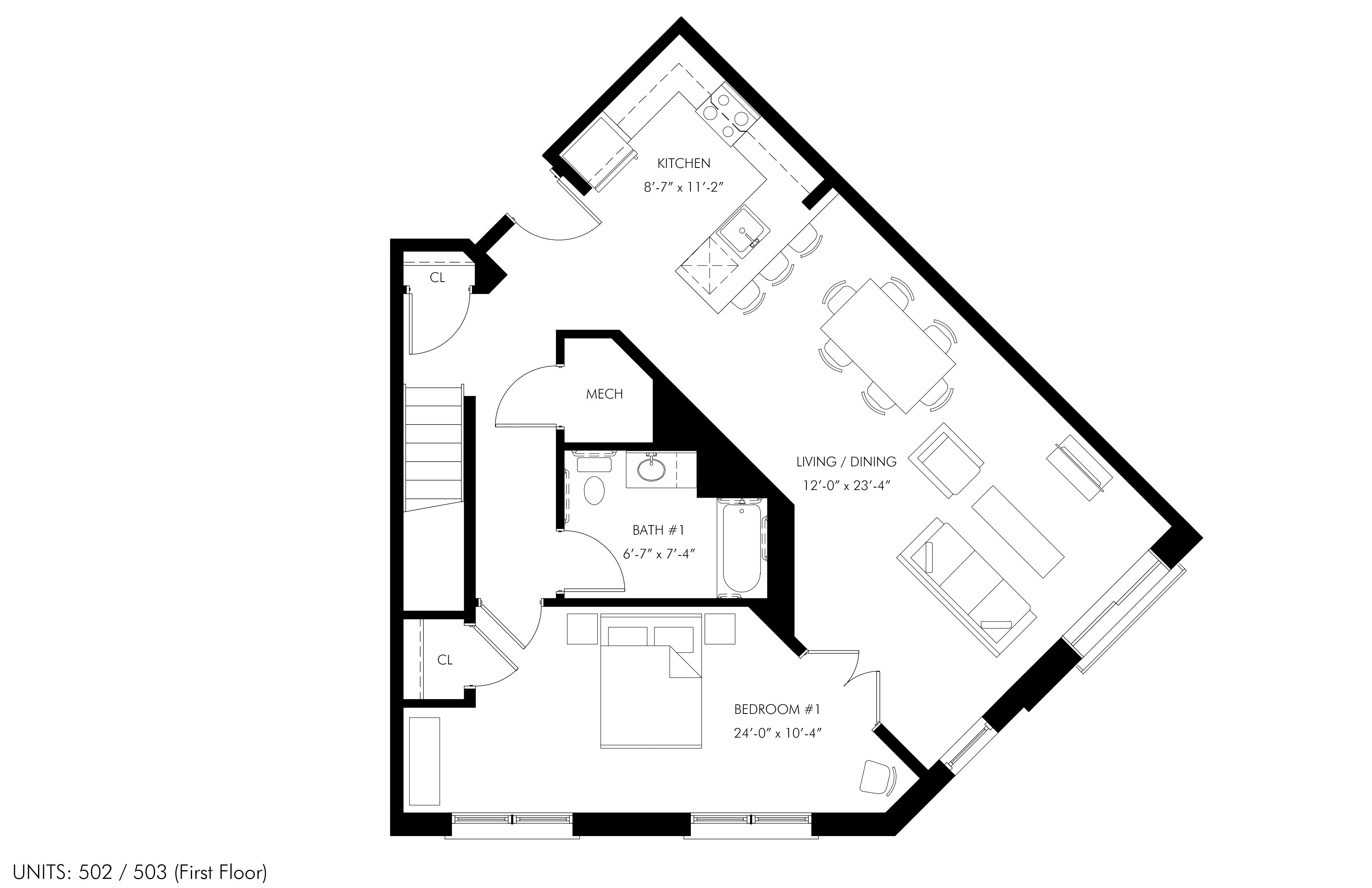 A black and white drawing of a house floor plan.