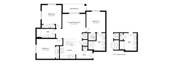 A floor plan of a home with three bedrooms, a living/dining room, a kitchen, and a bathroom.