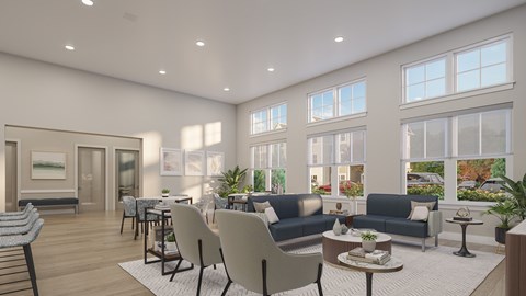 A modern living room with a large window and a view of a street.
