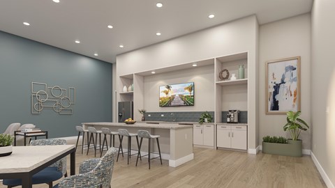 A modern kitchen with a dining table and chairs.
