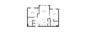 A black and white image of a floor plan for a house with two bedrooms, a living room, a kitchen, a bathroom, and an entry.