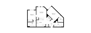 A black and white image of a house floor plan with two bedrooms, a living room, a kitchen, a bathroom, and an entry.