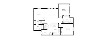 A black and white image of a floor plan for a home with three bedrooms, a living room, a kitchen, and a bathroom.