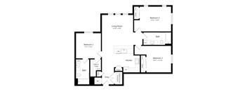 A floor plan of a house with three bedrooms, a living room, a kitchen, a bath, a walk-in closet, a pantry, and an entry.