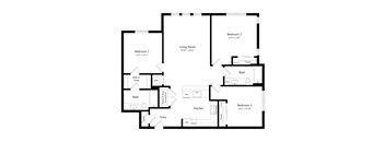 A black and white image of a floor plan for a home with three bedrooms, a living room, a kitchen, a bath, and an entry.