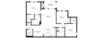 Three Bedroom Floor Plan with 1,432 Sq. Ft. at The Epic at Gateway Luxury Apartments in St. Pete, FL