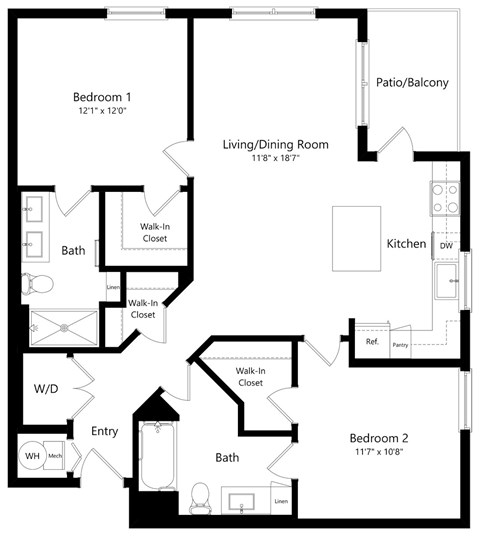 Two Bedroom Floor Plan with 1,121 Sq. Ft. at Everly Luxury Apartments in Naples FL