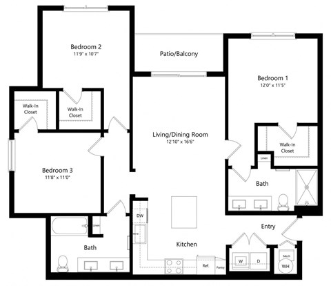 Three Bedroom Floor Plan with 1,327 Sq. Ft. at Everly Luxury Apartments in Naples FL