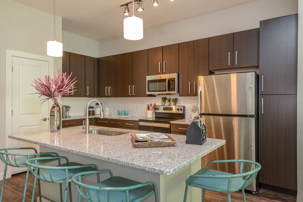 a kitchen with stainless steel appliances and a counter with blue chairs  at Grady Square, Tampa, FL