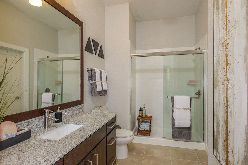 a bathroom with a shower and a sink and a mirror  at Grady Square, Tampa, FL, 33607