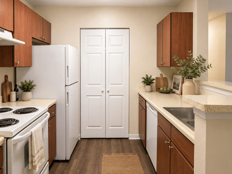 A kitchen with white appliances and wooden cabinets.