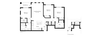 A floor plan of a house with three bedrooms, a living/dining room, a kitchen, two bathrooms, and two entries.