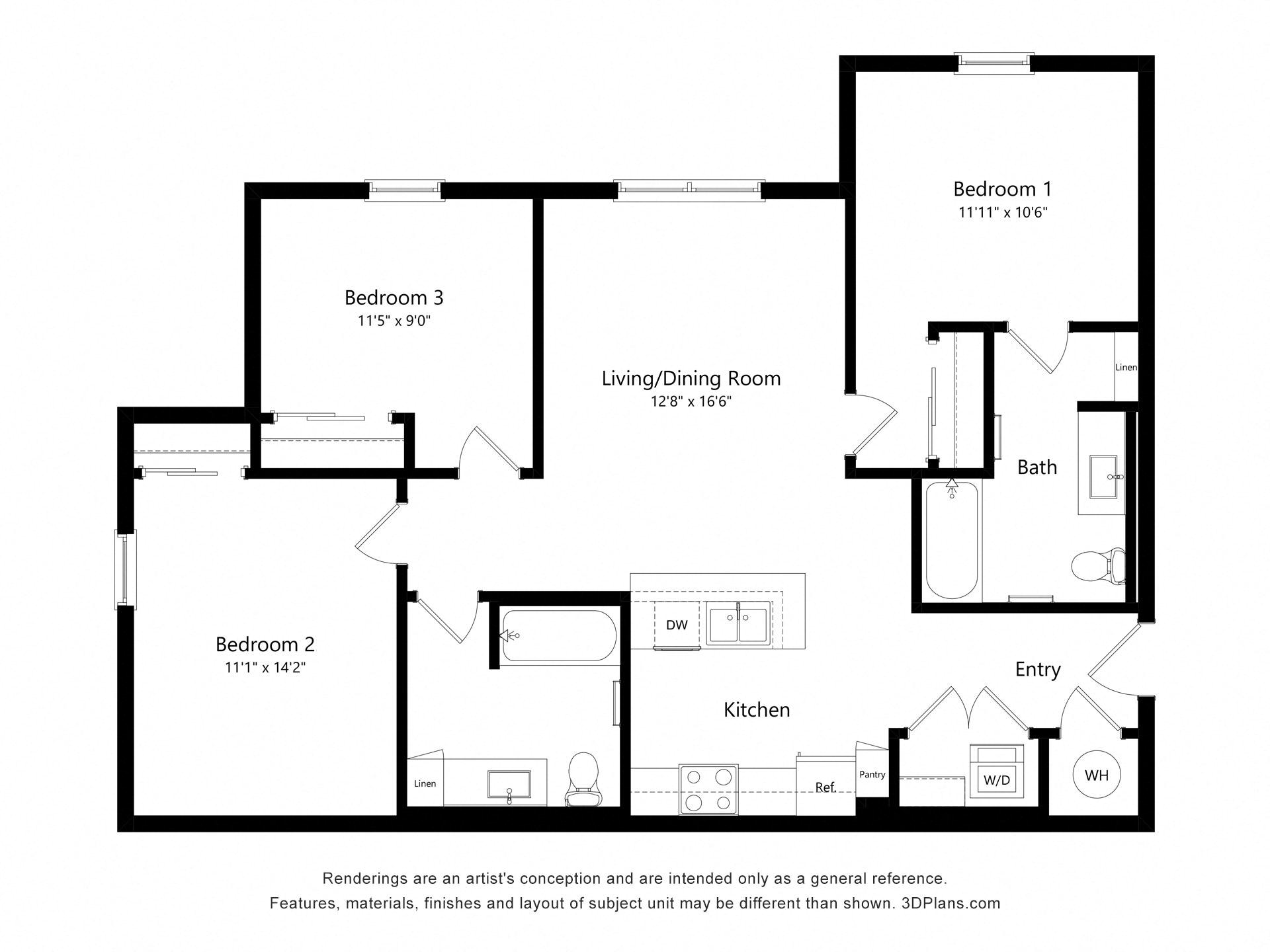 Three Bedroom Floor Plan at Jackson Palms Affordable Apartments in Jacksonville FL