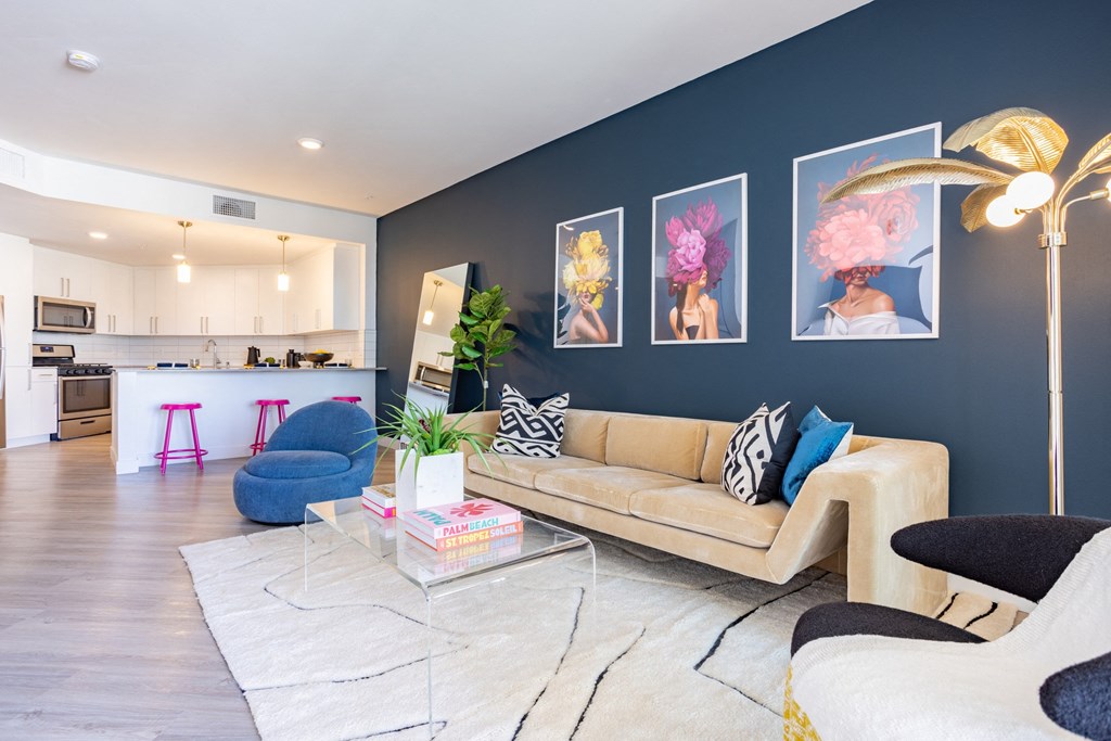 Living area with wood flooring at The Chandler in North Hollywood