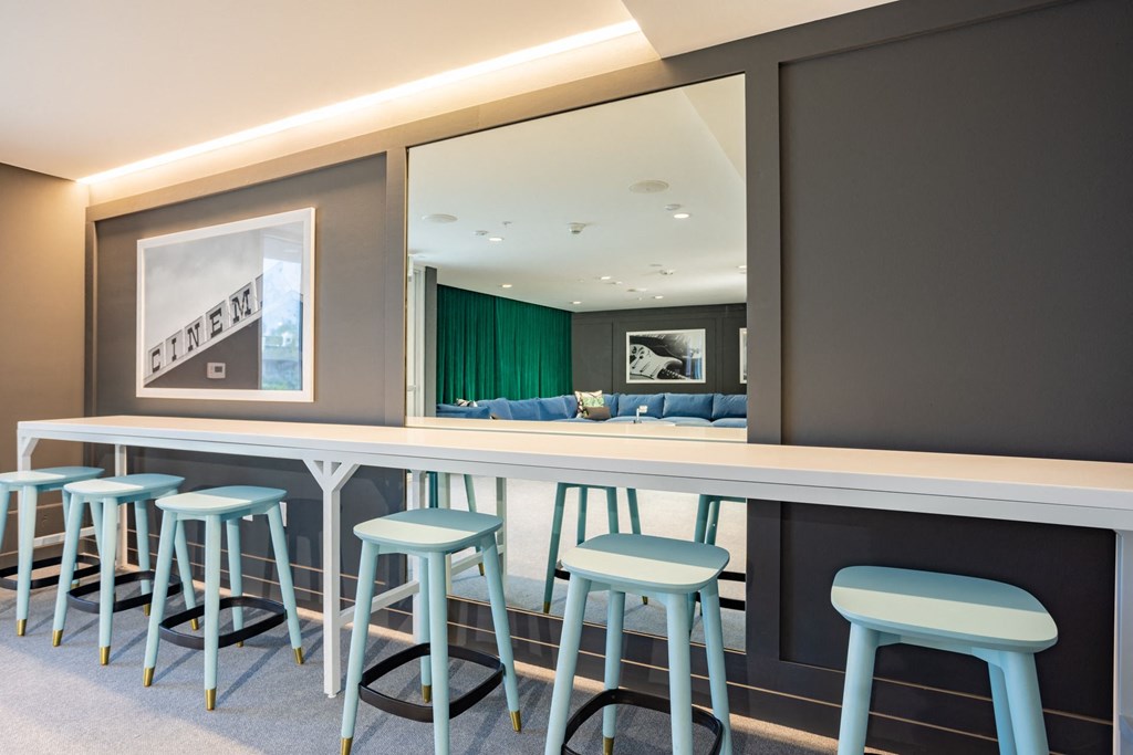 Bar sitting area in the rehearsal studio at The Chandler in North Hollywood