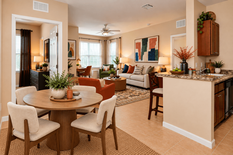 A well-lit, modern kitchen and dining area with a bar and a living room in the background.