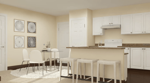 a kitchen and dining room with a table and chairs