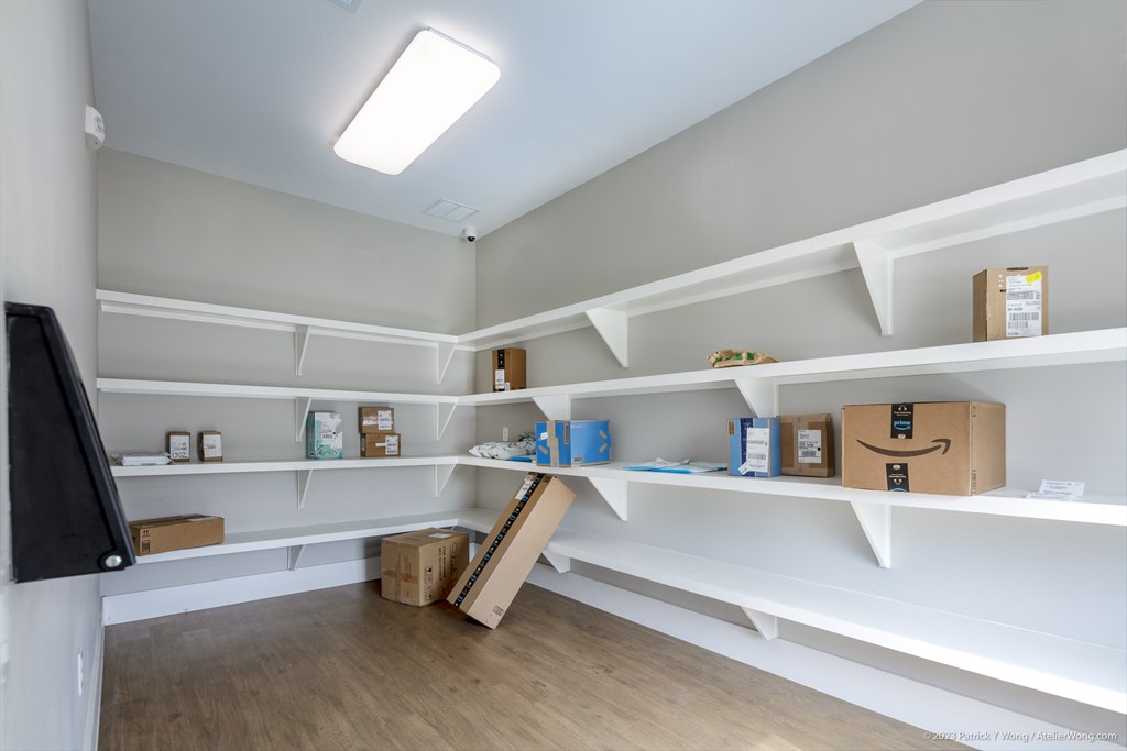 A room with white shelves and boxes on the floor.