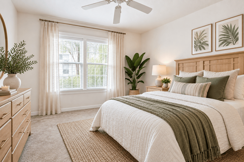 A bedroom with a large bed, a ceiling fan, and a window with curtains.