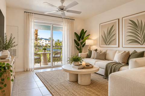A living room with a white couch, a round coffee table, and a ceiling fan.