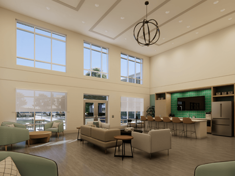 A modern living room with a large window overlooking the city.