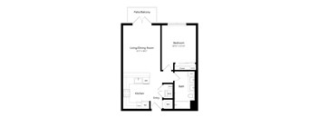 A floor plan of a home with a living room, kitchen, bathroom, bedroom and closet.