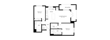 A black and white image of a floor plan for a home with two bedrooms, a living/dining room, a kitchen, a bathroom, and a balcony/patio.