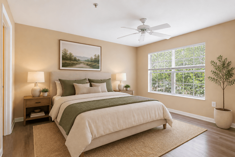 A bedroom with a large bed, a ceiling fan, and a painting on the wall.