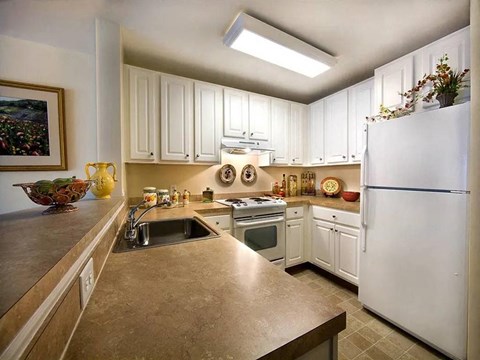 a kitchen with white cabinets and a sink and a refrigerator