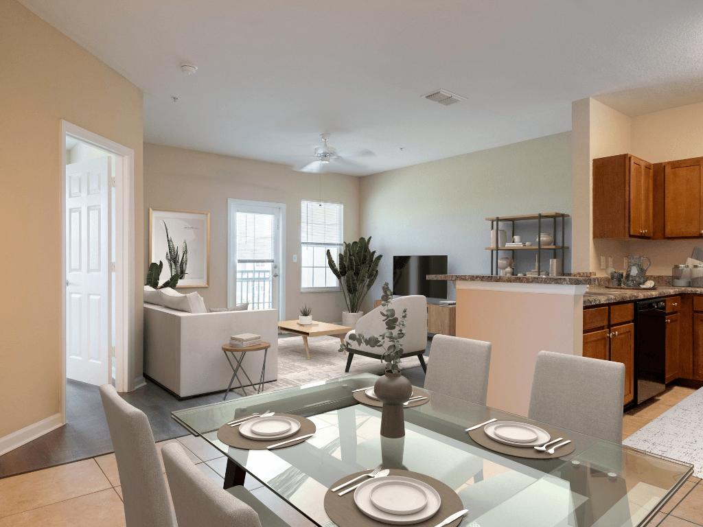 A modern dining room with a glass table and chairs.