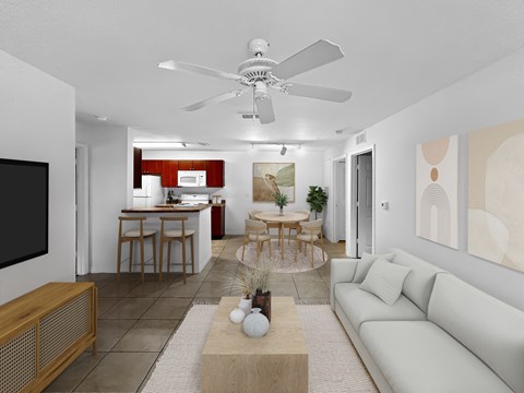 A modern living room with a white sofa and a wooden coffee table.