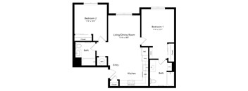 Two Bedroom Floor Plan at River Canyon Affordable Apartments in Merced, CA