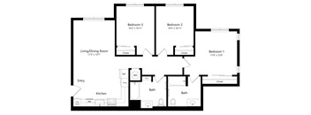 Three Bedroom Floor Plan at River Canyon Affordable Apartments in Merced, CA