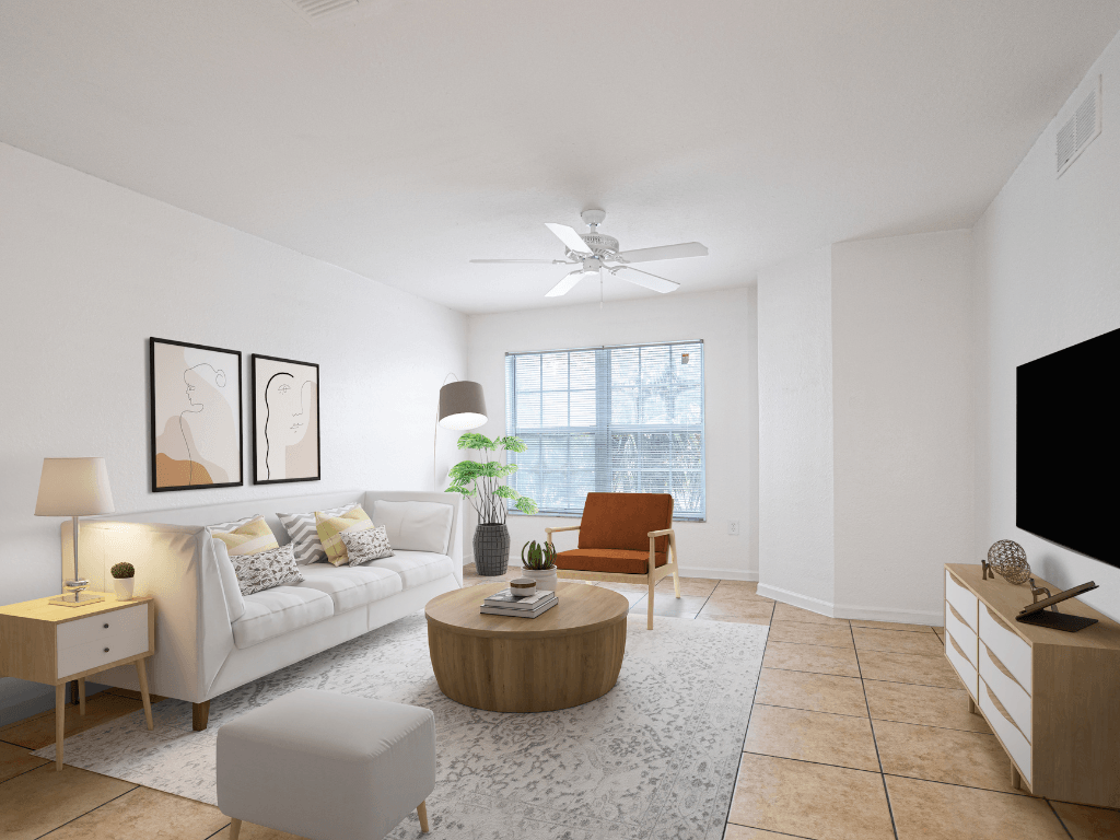 Open Concept Living Room with Large Windows at Timber Trace Apartments