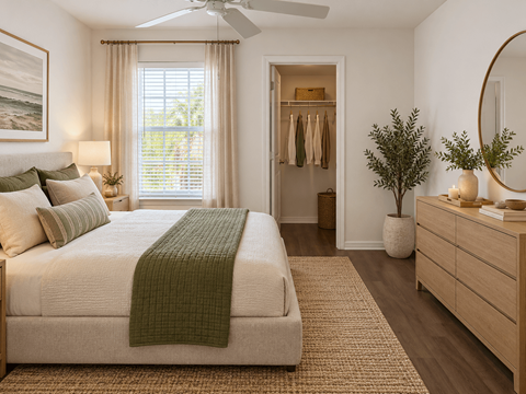 A bedroom with a bed, dresser, and mirror.