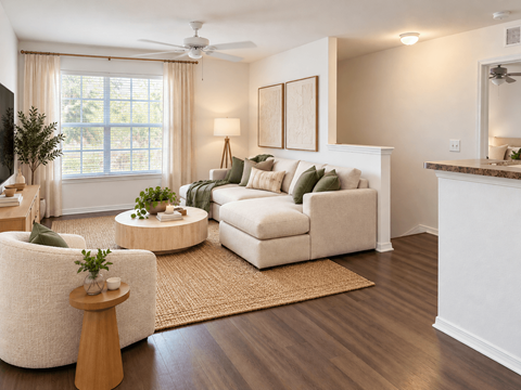 A living room with a white couch, a wooden coffee table, and a rug.